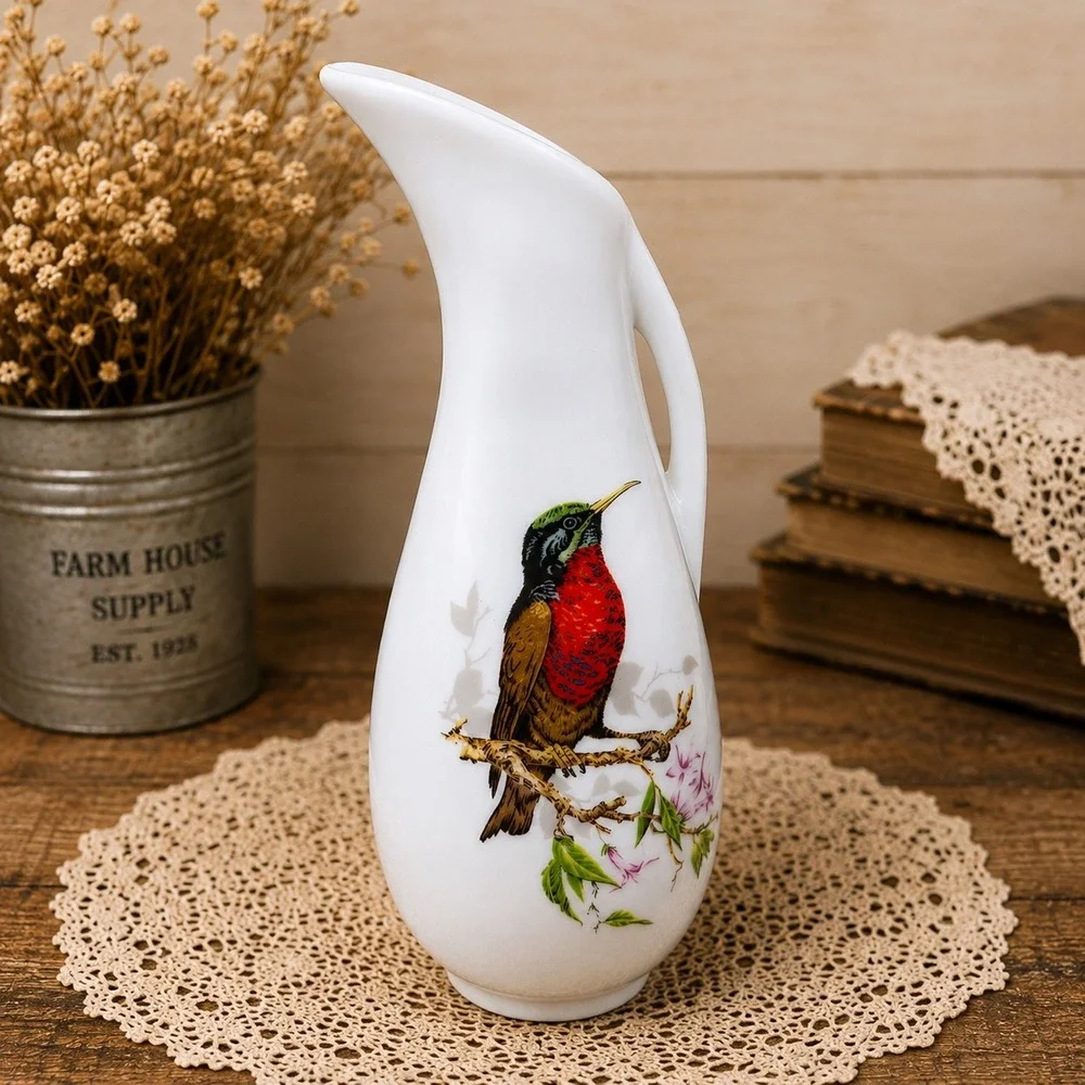 Vintage White Porcelain Bird Pitcher Vase Gold Trim Taiwan Songbird Decor‎